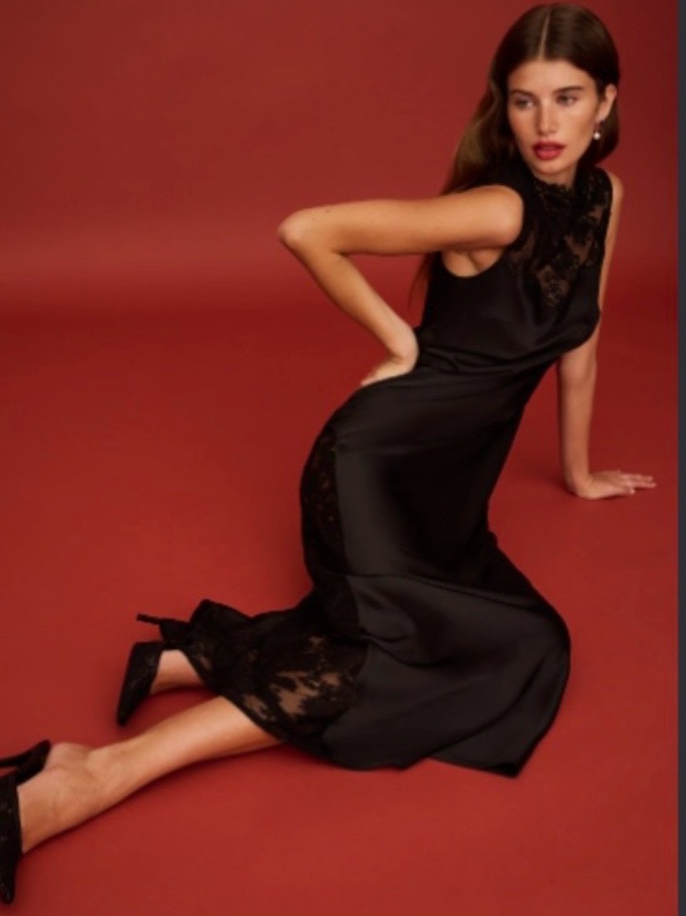 Satin Slip Maxi Dress with Lace Insets — Black